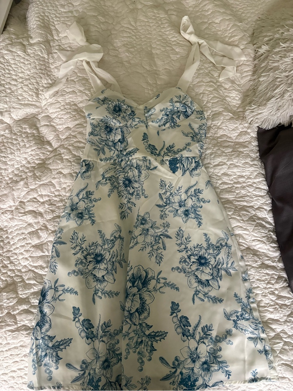 SHEIN White Dress with Blue Floral Print and Tie Straps